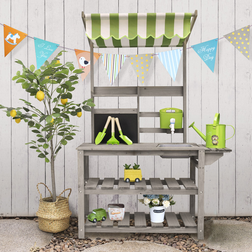 wooden kids outdoor potting table with sink